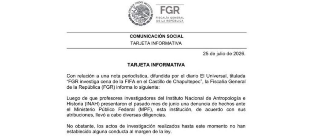 FGR descarta, hasta ahora, irregularidades en la cena de la FIFA en el Castillo de Chapultepec