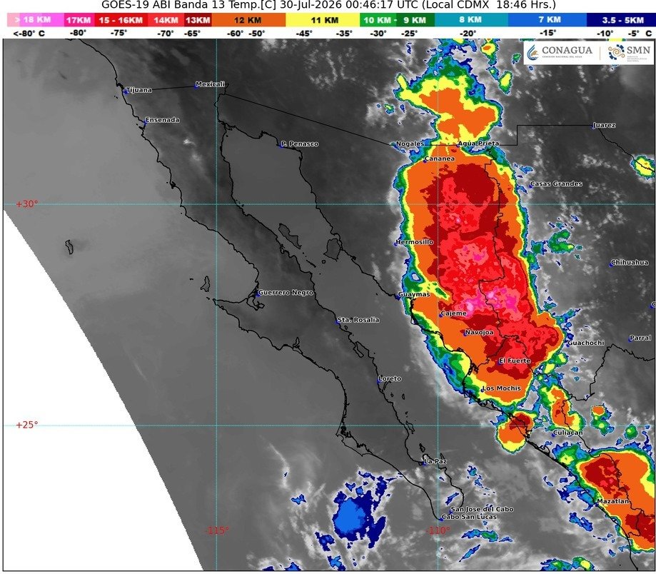 Persisten lluvias fuertes en el sur de Sonora; tormentas mantendrán el riesgo de chubascos durante las próximas horas 